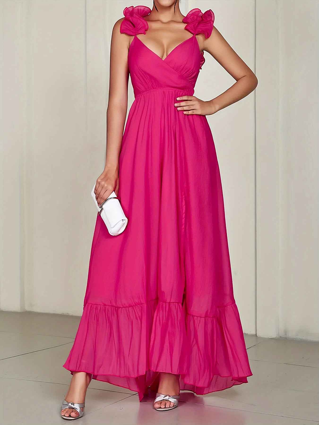 Contrast Mesh V Neck Wedding Dress, Elegant Sleeveless Split Ruffle Hem Dress For Party & Banquet, Women's Clothing