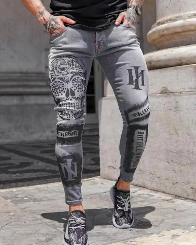 Trendy Men's Stretch Jeans Casual Pants Slim Printed Gray Jeans Men Fashion Printed Jeans Men Pencil Pants Skinny Jeans Men