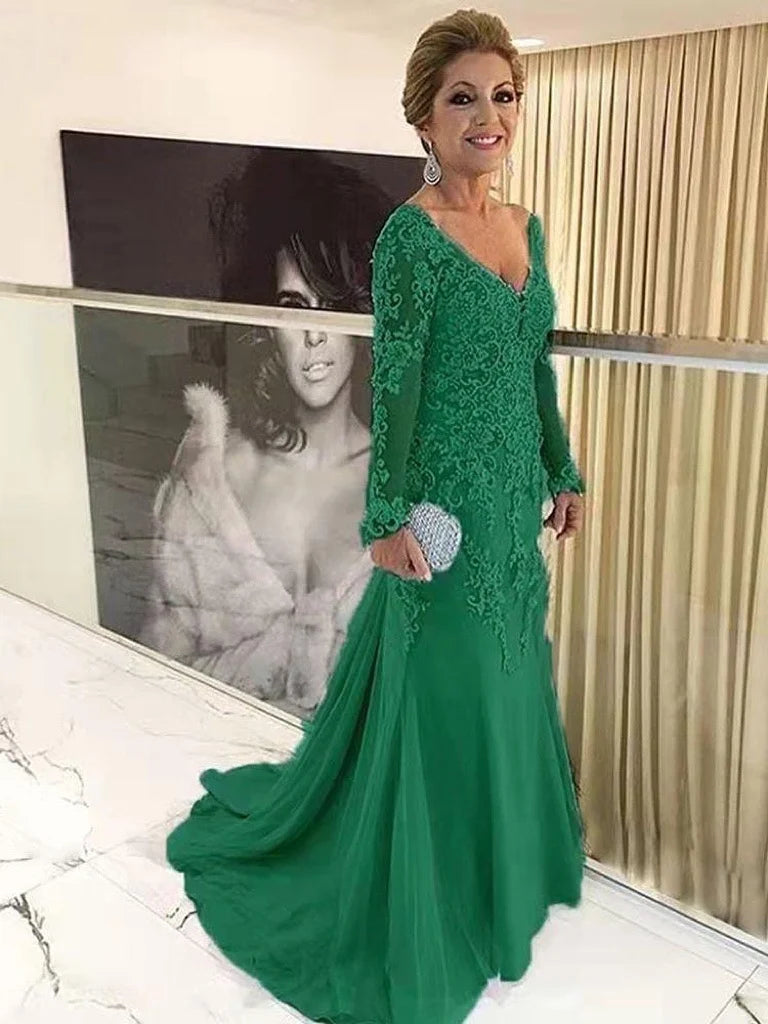 Gold Purple Mother Of The Bride Dresses Mermaid Long Sleeves Applique V Neck Wedding Formal Party Mother Evening Dresses New