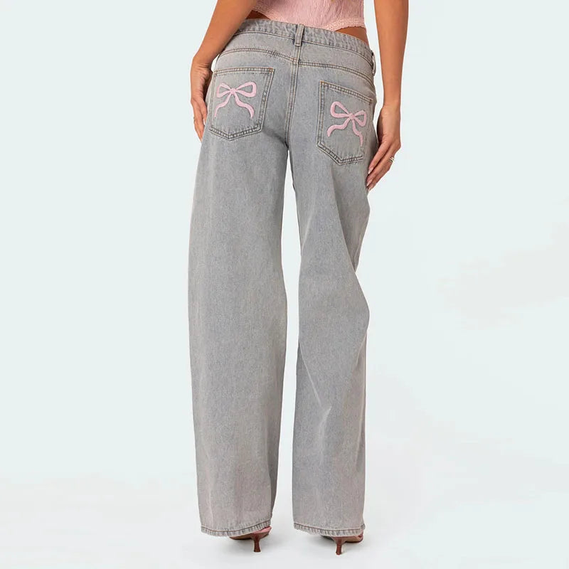 Blue Jeans for Women Pink Bow Embroidery Jeans Y2K Straight High Waist Vintage Casual Trousers Female Wide Leg Designer Pants