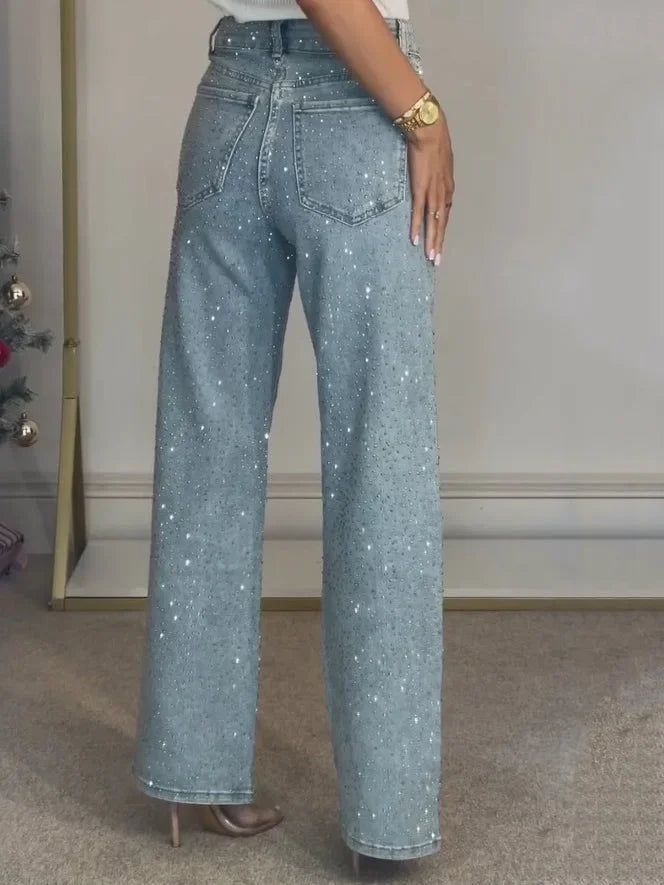 Women's full diamond washed denim jeans women's high-end high waisted straight leg pants spicy pants