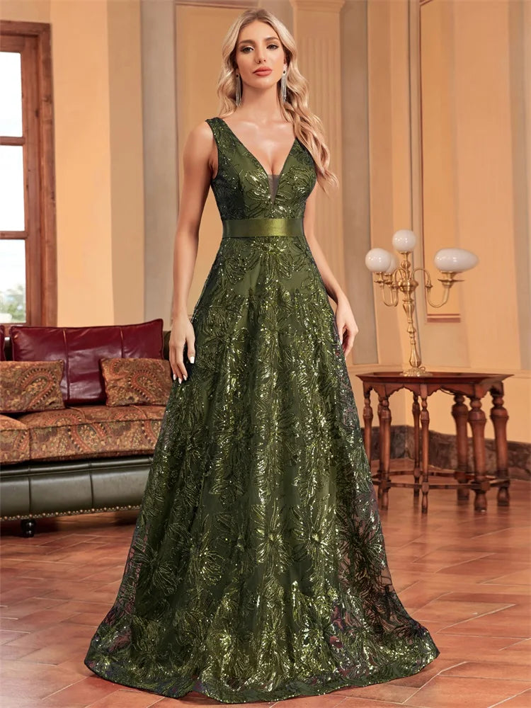 Luxury Sexy Deep V-Neck Sequins Blue Evening Dresses Women Elegant V-back Wedding Party Long Prom Cocktail Dress