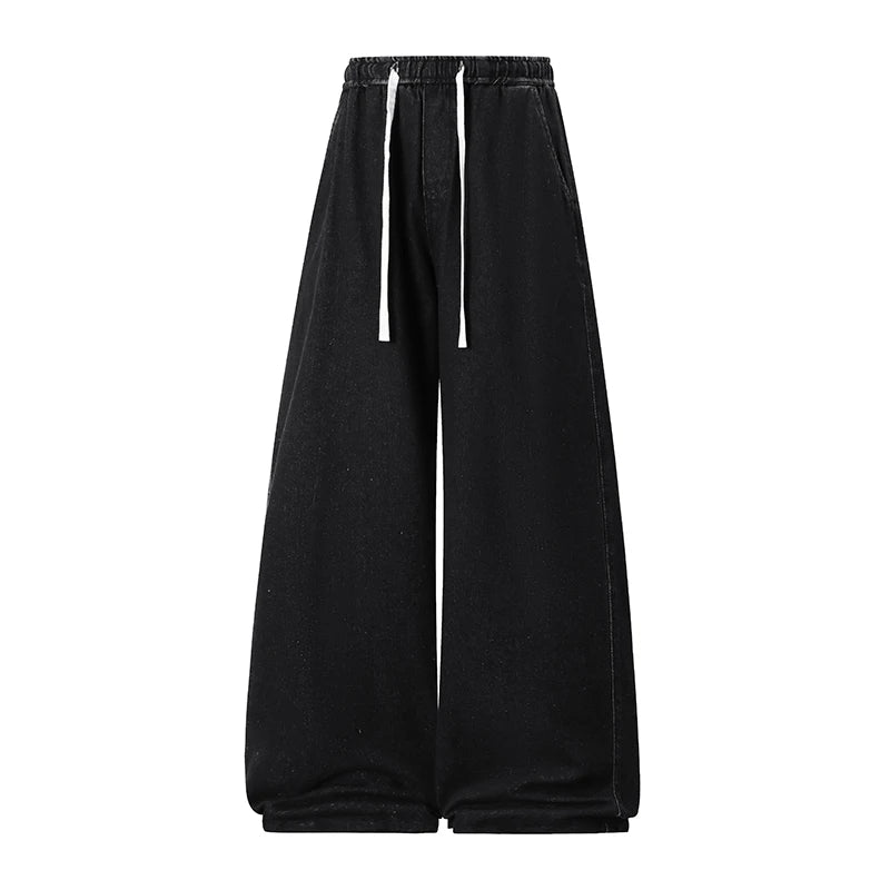 2025 New Elastic Waist Drawstring Solid Color Loose Fit Wide Leg Jeans Wide Leg Trendy High Waist Denim Pants for Men Women 3XL