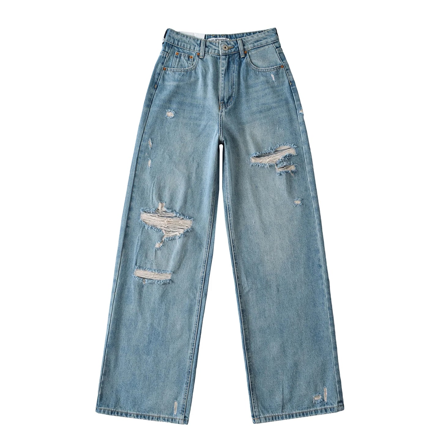Women's Destroyed Jeans 2025 Spring Summer High Waist Loose Leg Floor-Length Distressed Denim Vintage Daily Staple