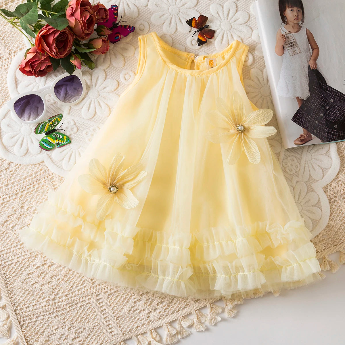 Toddler Girl Princess Dress Pink Flower Decorated Sleeveless Gauze Dress Elegant Girl Wedding Party Dress for Party