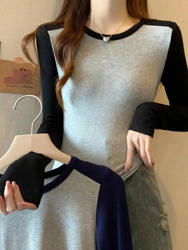 Spring Autumn Tops for Women Tshirt Turn Down Collar Long Sleeve Beige Blue Chic Y2k Fashion Patchwork 2025 T Shirts