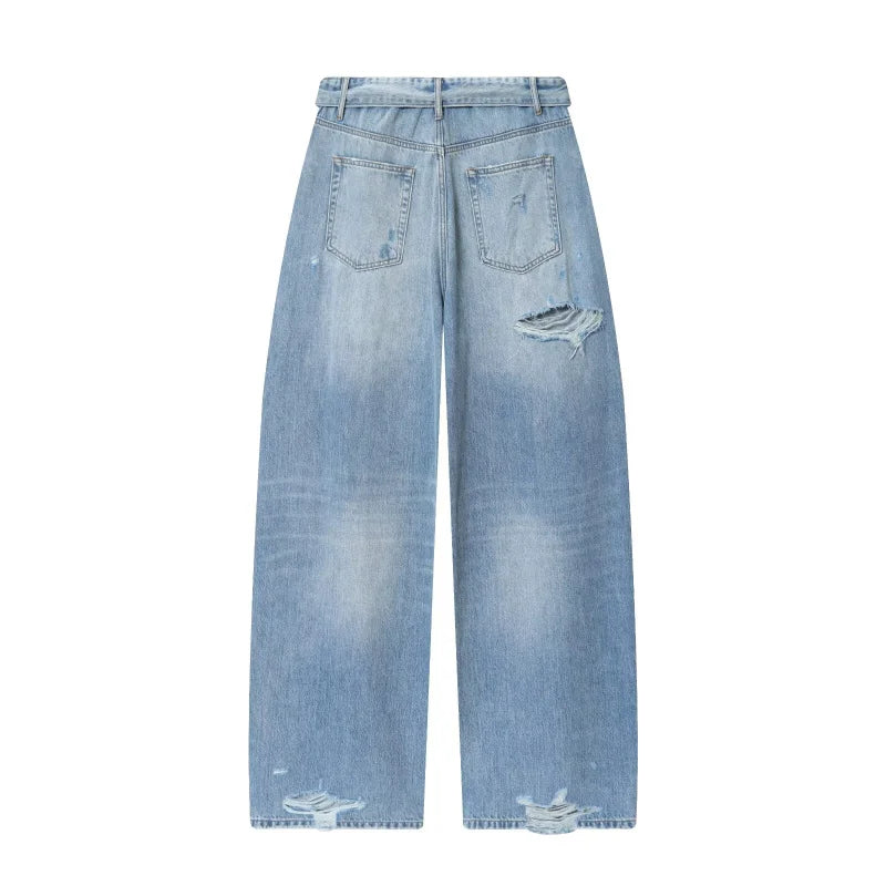 ETJ 2025 women's new street fashion fold waist mid waist washed ripped jeans loose version of the floor-length pants