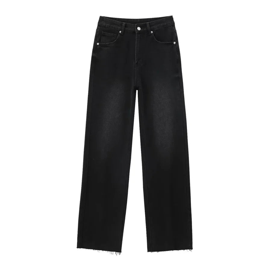 ETJ Wide-leg high-waisted jeans women's classic everything with five pockets washed soft comfortable ultra-long jeans6045022