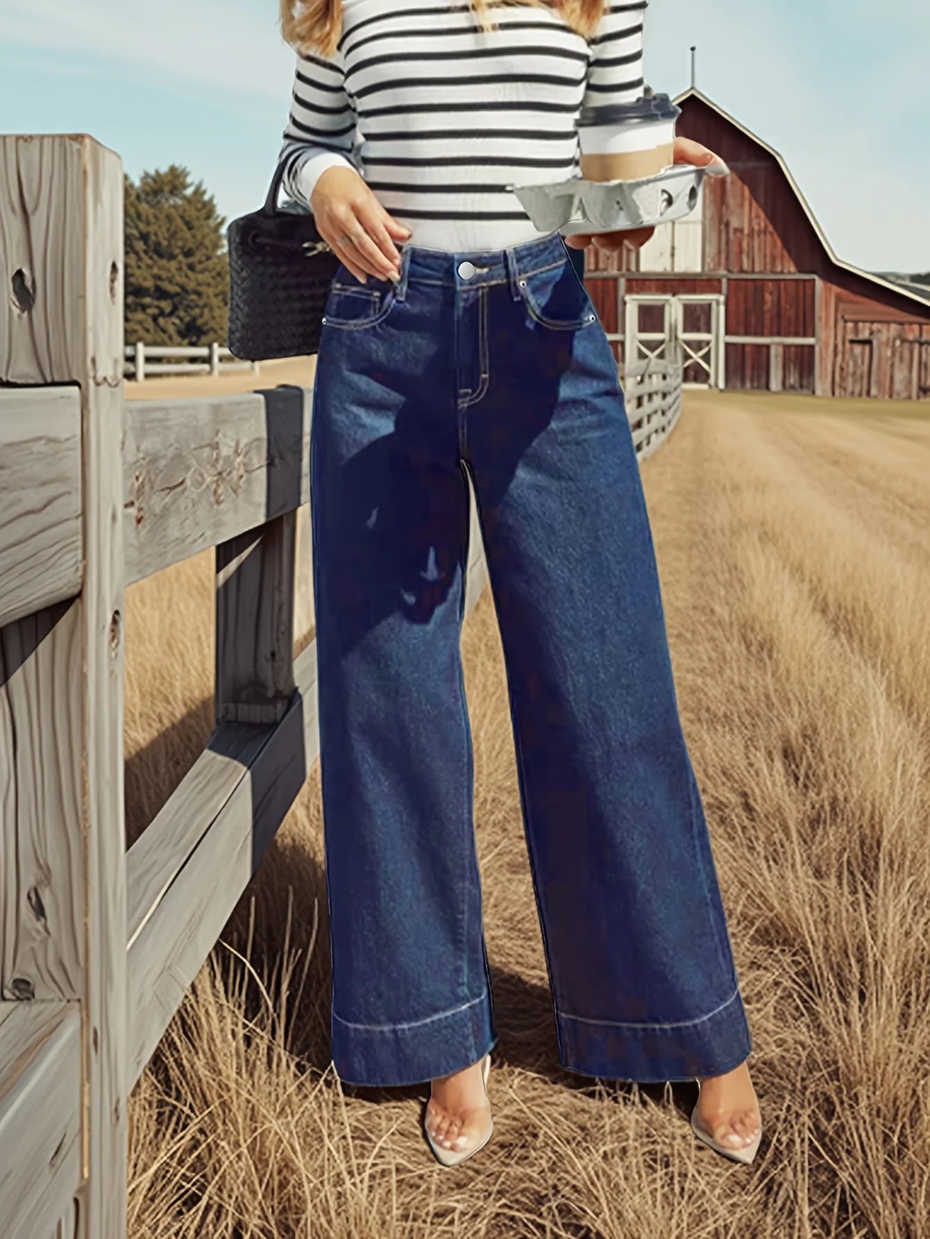 2025 New Women's High Rise Straight Jeans - Classic dark blue washed stretch jeans with button placket, elegant and intellectual