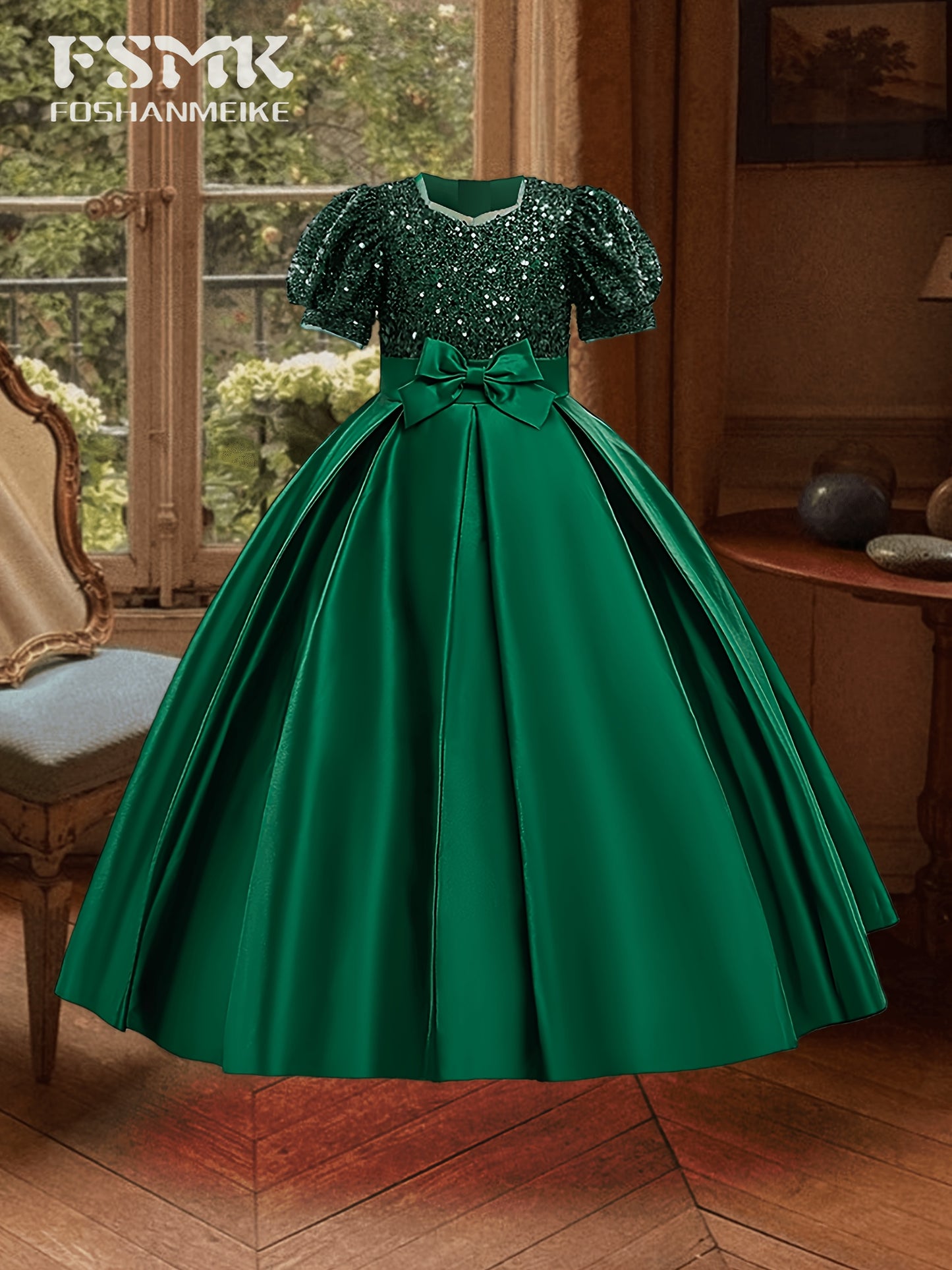 New Youngsters's Dress Long Princess Dress Satin Wedding Dress Flower Youngsters Dress Elegant Evening Dress for Girls Bubble Sleeve Sequins Sparkling Puffy Skirt