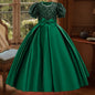 New Youngsters's Dress Long Princess Dress Satin Wedding Dress Flower Youngsters Dress Elegant Evening Dress for Girls Bubble Sleeve Sequins Sparkling Puffy Skirt