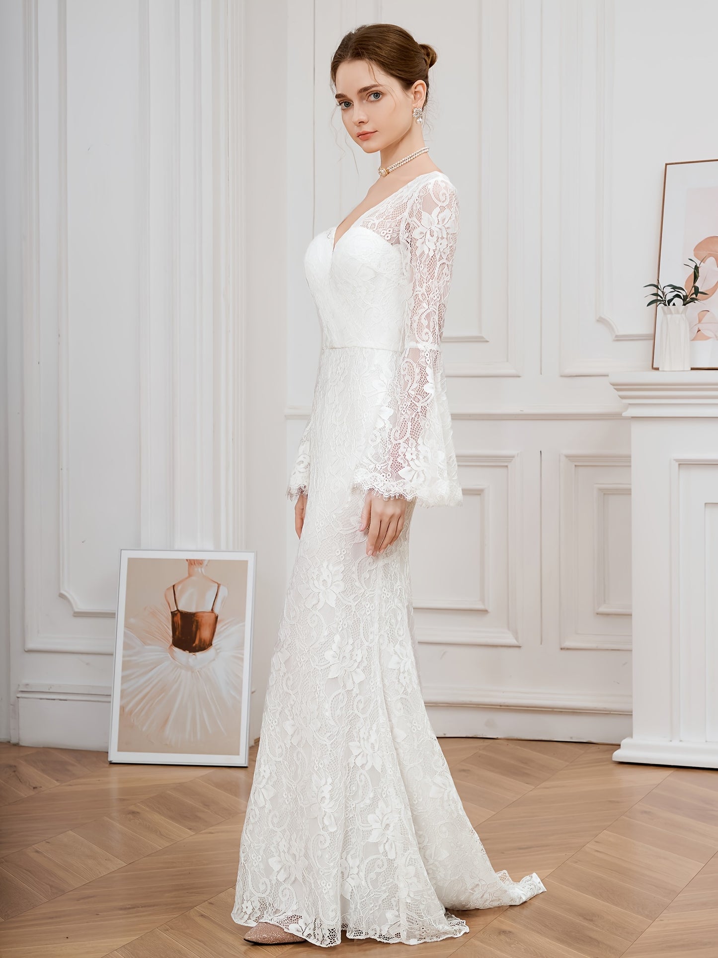 Stunning Floor-Length Lace Wedding Dress - Deep V Neck, Elegant Solid Flare Sleeves, Raw Edge, Floral Pattern - Ideal for Womens Formal Occasions