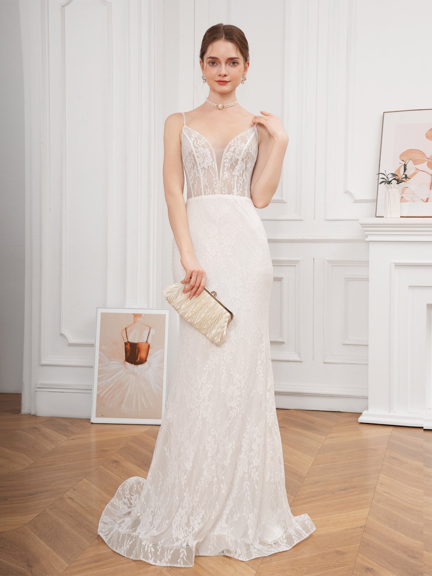 Floral Lace Cross Tie Back Cami Dress, Elegant Trumpet V-neck Bodycon Wedding Dress, Women's Clothing Wedding/Evening dress/Occasion/Engagement/Ceremony