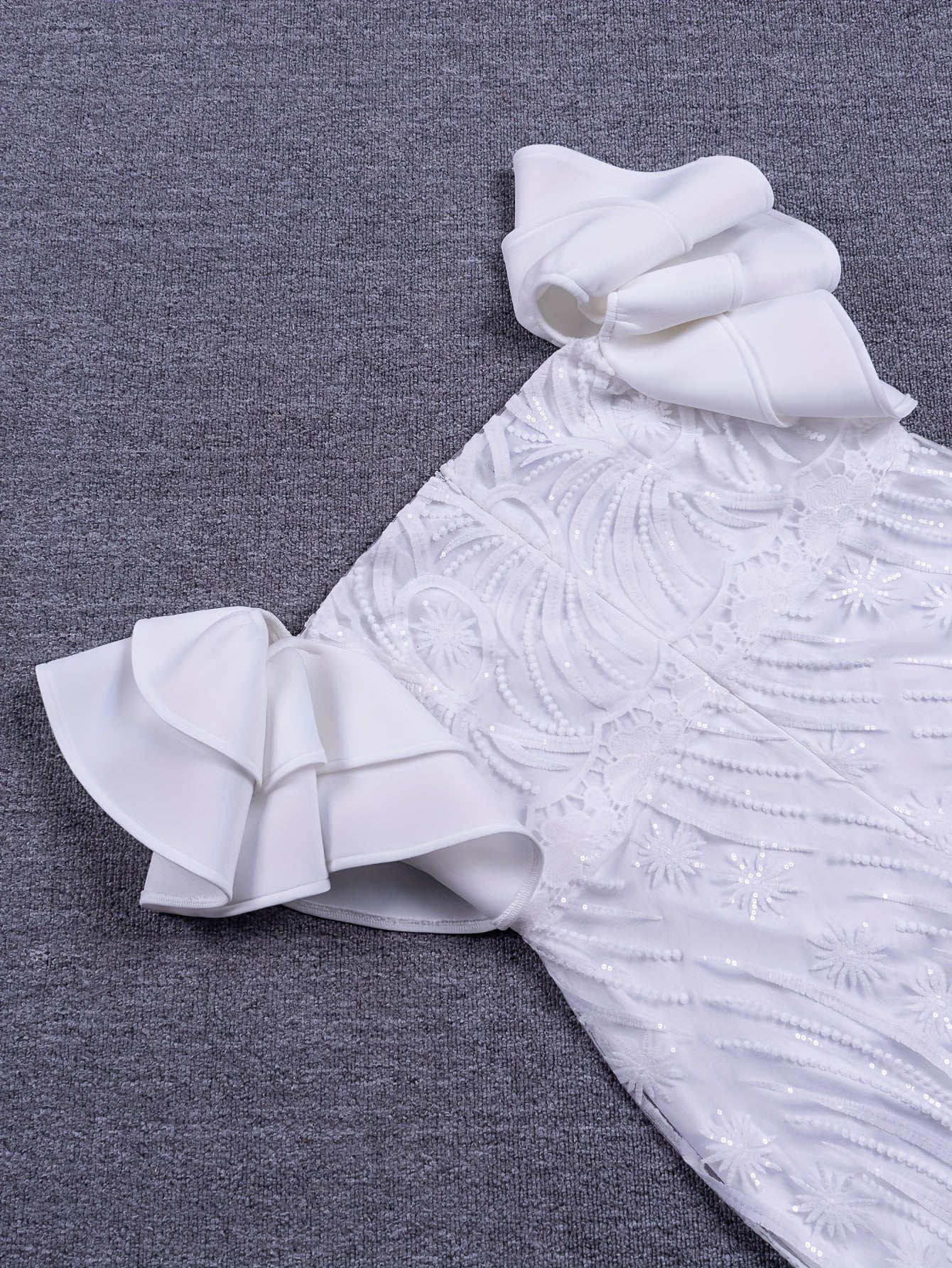 Plus Size Jacquard Cold Shoulder Wedding Dress, Elegant Lace Trim Ruffle Sleeve Bodycon Party Dress, Women's Plus Size Clothing