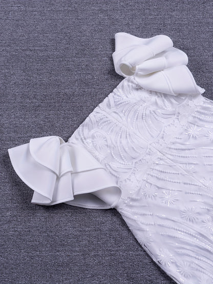 Plus Size Jacquard Cold Shoulder Wedding Dress, Elegant Lace Trim Ruffle Sleeve Bodycon Party Dress, Women's Plus Size Clothing