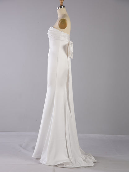 Plicated Detail Bow Back Tube Dress - Elegant Sweep Train Sleeveless Strapless Waist Draped Design -  Wedding Dress - For Women - Perfect for Weddings & Special Occasions - Ideal Gift for Brides
