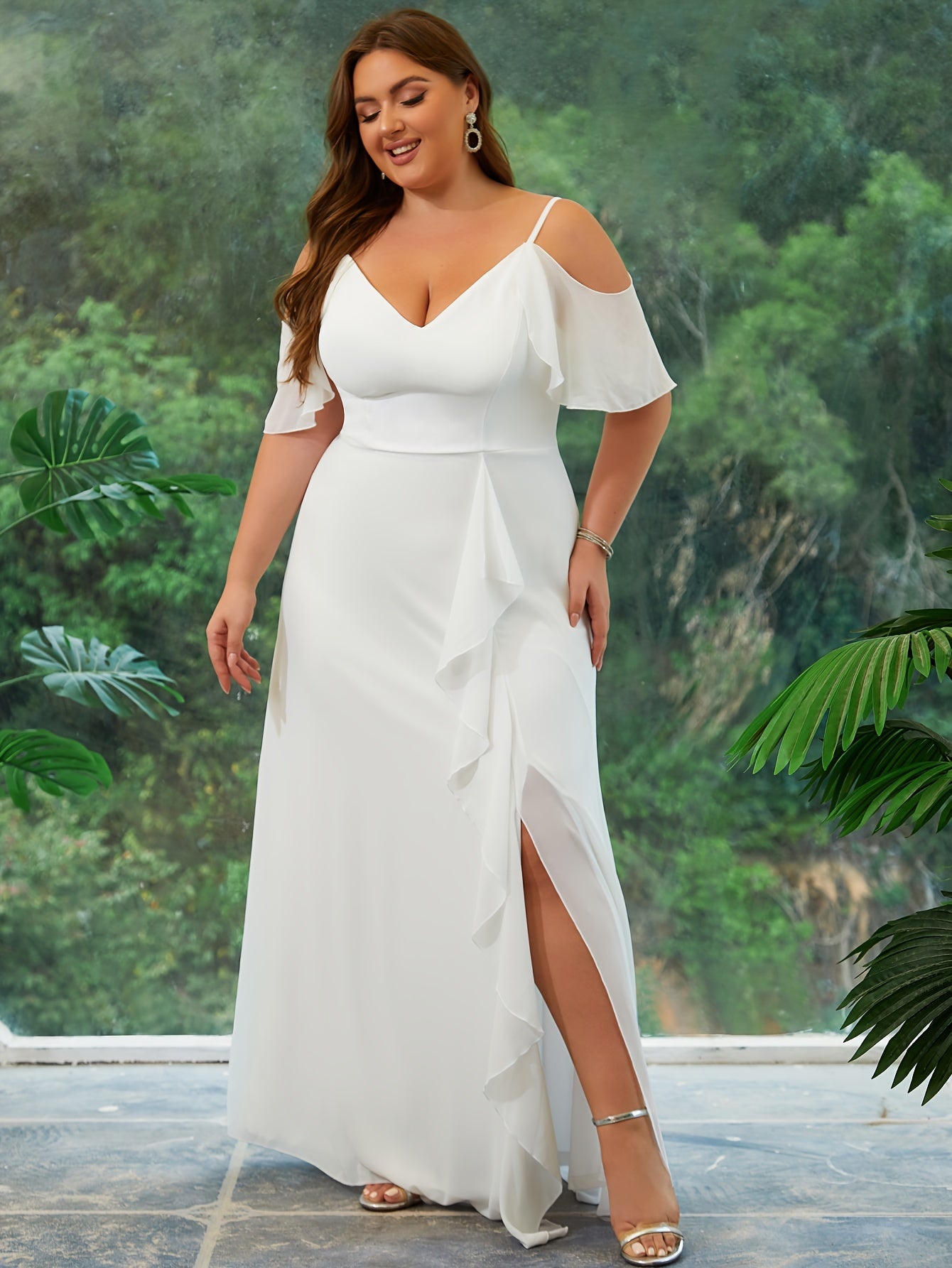 Plus Size Long Formal Wedding Dress - Exquisite Polyester Fabric, Elegant V-Neck, Long Sleeves, Floor-Length Design - Perfect for Wedding, Reception, and Evening Party Celebrations