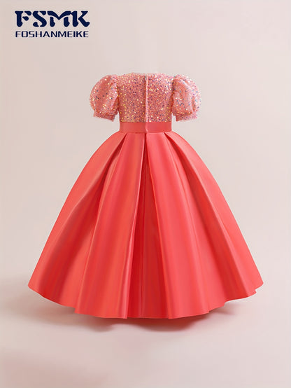 New Youngsters's Dress Long Princess Dress Satin Wedding Dress Flower Youngsters Dress Elegant Evening Dress for Girls Bubble Sleeve Sequins Sparkling Puffy Skirt