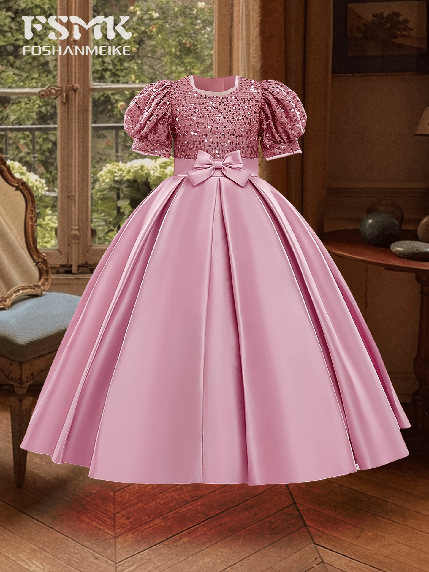 New Youngsters's Dress Long Princess Dress Satin Wedding Dress Flower Youngsters Dress Elegant Evening Dress for Girls Bubble Sleeve Sequins Sparkling Puffy Skirt