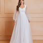 Timeless Elegance - Solid Cut Out Ruched Wedding Dress with Flattering Shirred Waistline and Romantic Long Sleeves - Premium Womens Bridal Gown