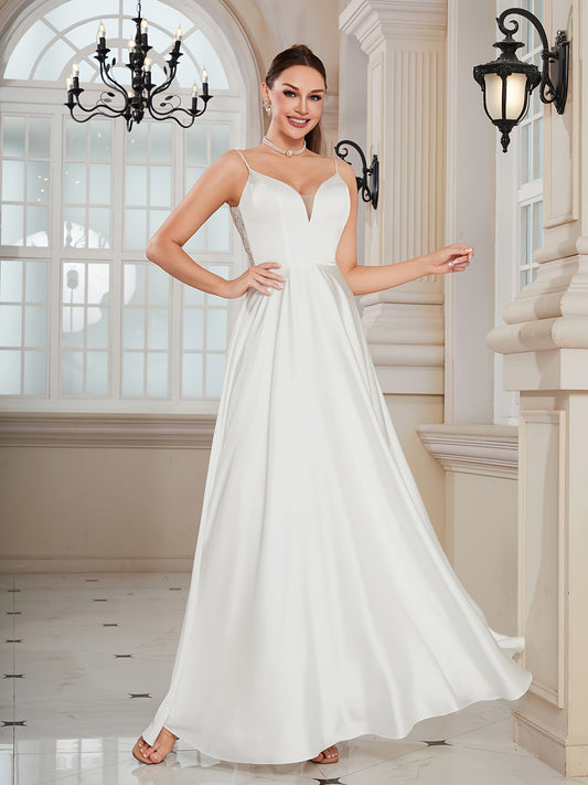 Lace Splicing Spaghetti Strap Dress, Elegant A-line Floor Length Low-cut Back Wedding Dress For Party & Banquet, Women's Clothing