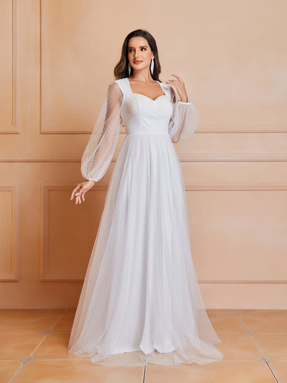 Timeless Elegance - Solid Cut Out Ruched Wedding Dress with Flattering Shirred Waistline and Romantic Long Sleeves - Premium Womens Bridal Gown