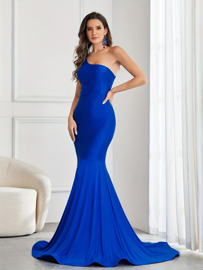 Solid One Shoulder Bodycon Dress, Elegant Mermaid Hem Backless Sleeveless Wedding Dress, Women's Clothing