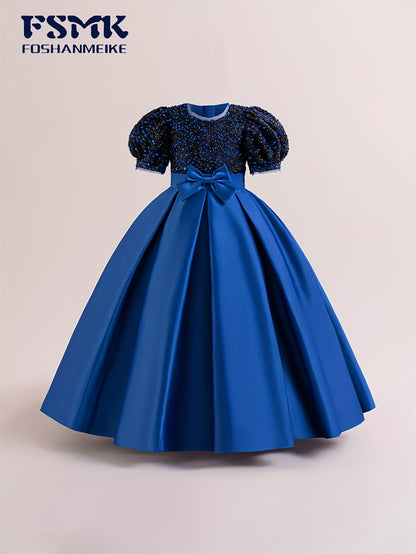 New Youngsters's Dress Long Princess Dress Satin Wedding Dress Flower Youngsters Dress Elegant Evening Dress for Girls Bubble Sleeve Sequins Sparkling Puffy Skirt