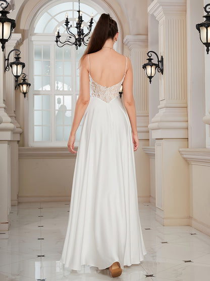 Lace Splicing Spaghetti Strap Dress, Elegant A-line Floor Length Low-cut Back Wedding Dress For Party & Banquet, Women's Clothing