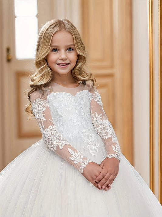 [Wedding Attire] Elegant Flower Girl Evening Gown - Long White Lace Wedding Dress with Embroidered Floral Details, Polyester, A-Line Fit for Piano Recitals & Formal Occasions