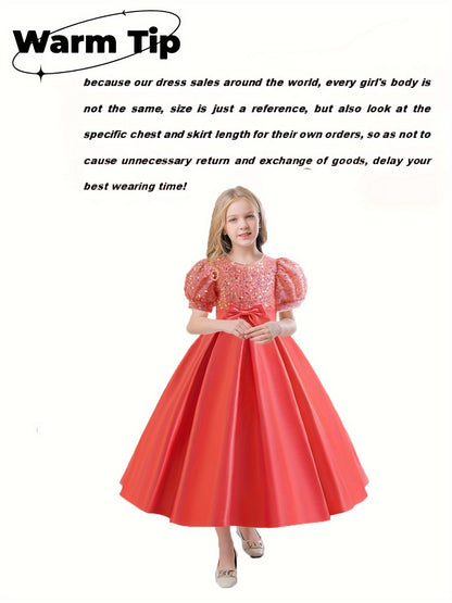 New Youngsters's Dress Long Princess Dress Satin Wedding Dress Flower Youngsters Dress Elegant Evening Dress for Girls Bubble Sleeve Sequins Sparkling Puffy Skirt