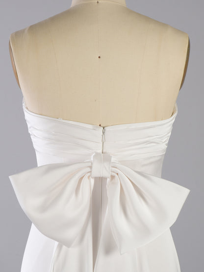 Plicated Detail Bow Back Tube Dress - Elegant Sweep Train Sleeveless Strapless Waist Draped Design -  Wedding Dress - For Women - Perfect for Weddings & Special Occasions - Ideal Gift for Brides