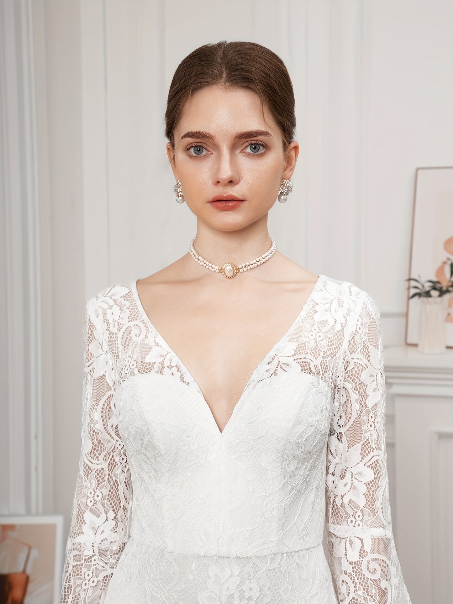 Stunning Floor-Length Lace Wedding Dress - Deep V Neck, Elegant Solid Flare Sleeves, Raw Edge, Floral Pattern - Ideal for Womens Formal Occasions