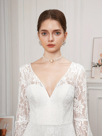 Stunning Floor-Length Lace Wedding Dress - Deep V Neck, Elegant Solid Flare Sleeves, Raw Edge, Floral Pattern - Ideal for Womens Formal Occasions