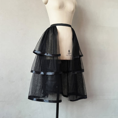 1PC Punk Style Skirt Black 3 Layers Ribbon 5 Layers Mesh Removable Tulle Skirt Half-length Skirt Covering Wedding Dress Elastic Waist Detachable Thin Tulle Skirt