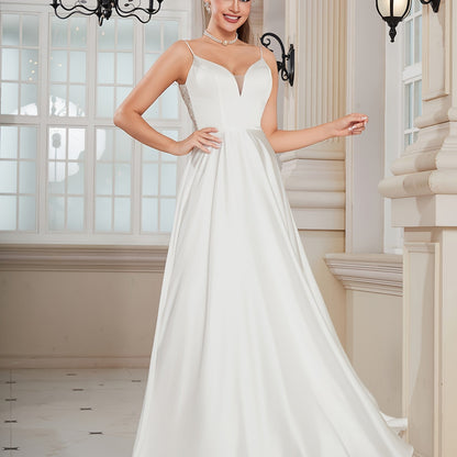 Lace Splicing Spaghetti Strap Dress, Elegant A-line Floor Length Low-cut Back Wedding Dress For Party & Banquet, Women's Clothing