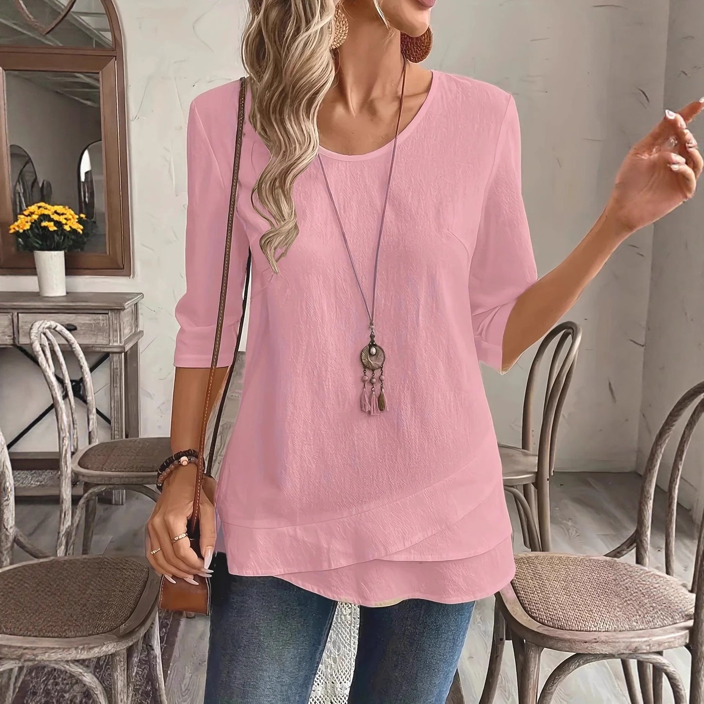 Crew Neck Chic Casual Womens Top