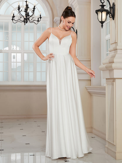 Lace Splicing Spaghetti Strap Dress, Elegant A-line Floor Length Low-cut Back Wedding Dress For Party & Banquet, Women's Clothing