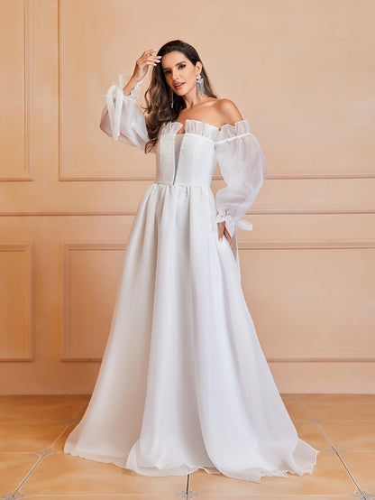 Exquisite Lace Off Shoulder Wedding Dress - Flowing Long Sleeves, Solid Color, Unique Bow Cut Out Design, Flattering Silhouette - Perfect for Daily Wear, Casual Occasions, and Weddings, Womens Clothing
