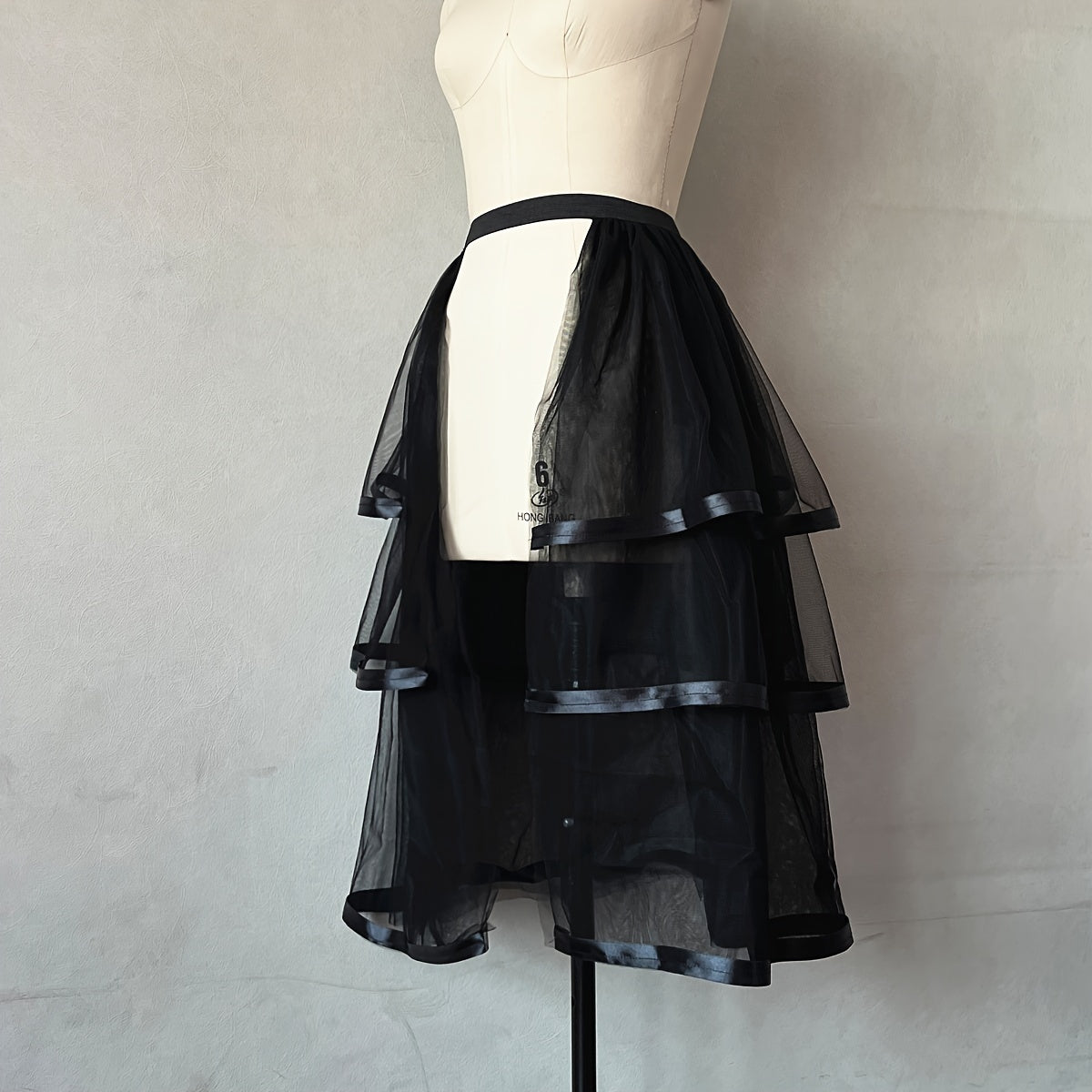 1PC Punk Style Skirt Black 3 Layers Ribbon 5 Layers Mesh Removable Tulle Skirt Half-length Skirt Covering Wedding Dress Elastic Waist Detachable Thin Tulle Skirt