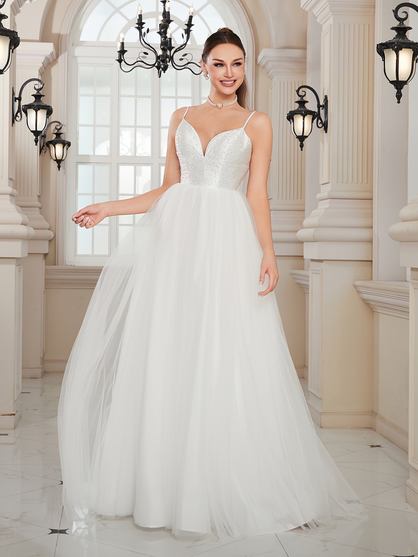 Rhinestone Low Cut Cami Dress, Elegant Spaghetti Strap Backless A-line High Waist Wedding Dress, Women's Clothing