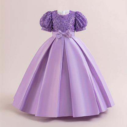 New Youngsters's Dress Long Princess Dress Satin Wedding Dress Flower Youngsters Dress Elegant Evening Dress for Girls Bubble Sleeve Sequins Sparkling Puffy Skirt