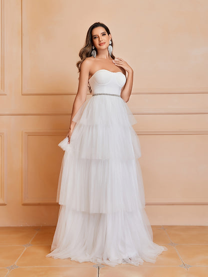 Sweetheart Neck Tiered Wedding Dress, Elegant Backless Tube Dress For Wedding Party, Women's Clothing