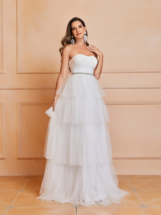 Sweetheart Neck Tiered Wedding Dress, Elegant Backless Tube Dress For Wedding Party, Women's Clothing