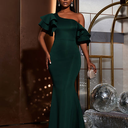 Solid Slant Shoulder Wedding Dress, Elegant Layered Ruffle Sleeve Bodycon Dress For Party & Banquet, Women's Clothing