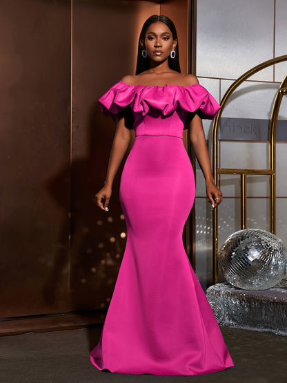 Ruched Trim Off Shoulder Wedding Dress, Elegant Mermaid Hem Evening Dress For Party & Banquet, Women's Clothing Wedding/Evening dress/Occasion/Engagement/Ceremony