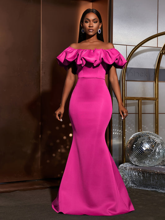 Ruched Trim Off Shoulder Wedding Dress, Elegant Mermaid Hem Evening Dress For Party & Banquet, Women's Clothing Wedding/Evening dress/Occasion/Engagement/Ceremony