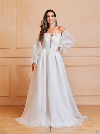 Exquisite Lace Off Shoulder Wedding Dress - Flowing Long Sleeves, Solid Color, Unique Bow Cut Out Design, Flattering Silhouette - Perfect for Daily Wear, Casual Occasions, and Weddings, Womens Clothing
