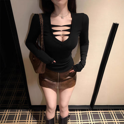 Womens V-neck Hollowed Solid-Color Long-Sleeve Top