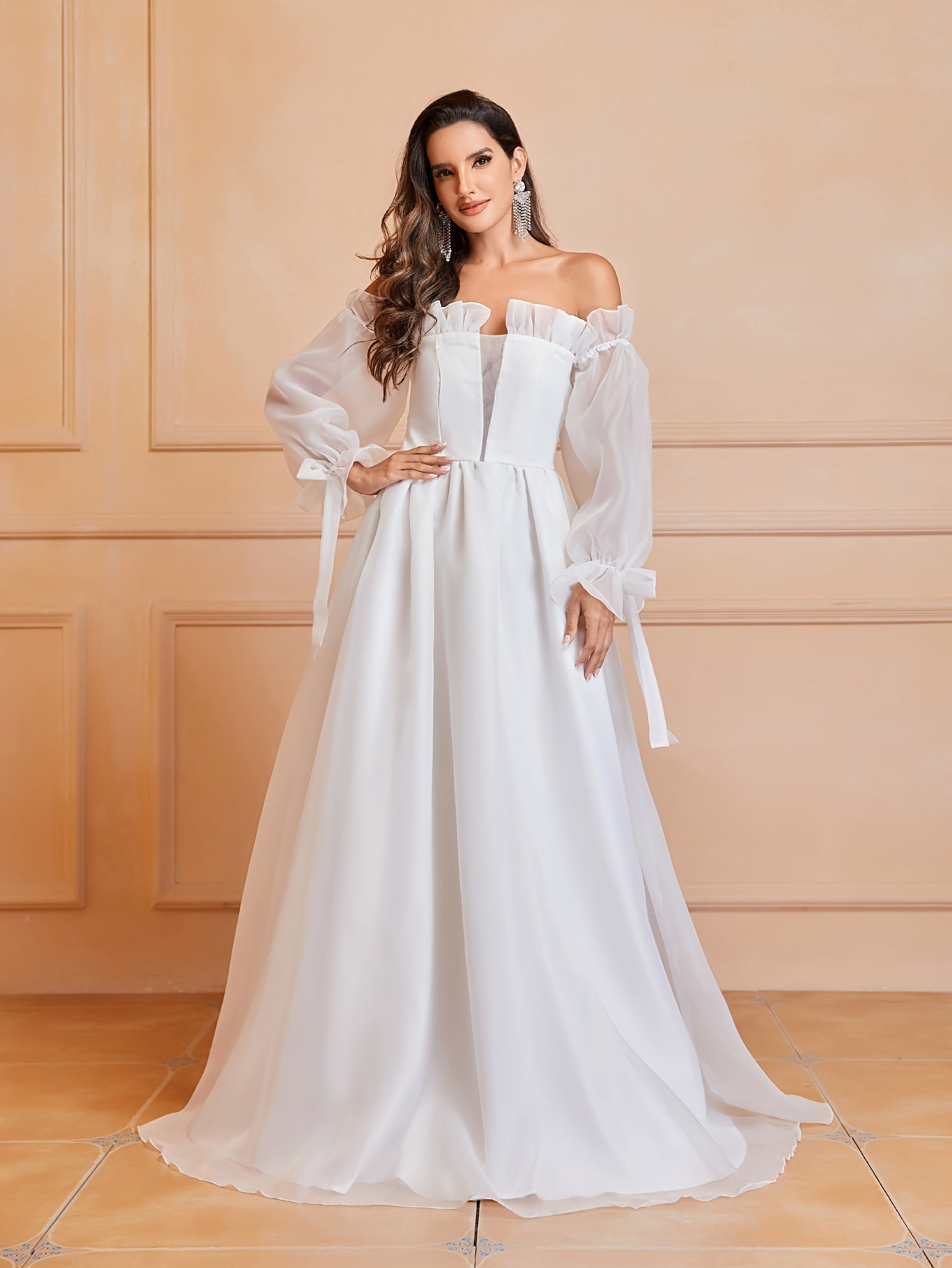 Exquisite Lace Off Shoulder Wedding Dress - Flowing Long Sleeves, Solid Color, Unique Bow Cut Out Design, Flattering Silhouette - Perfect for Daily Wear, Casual Occasions, and Weddings, Womens Clothing